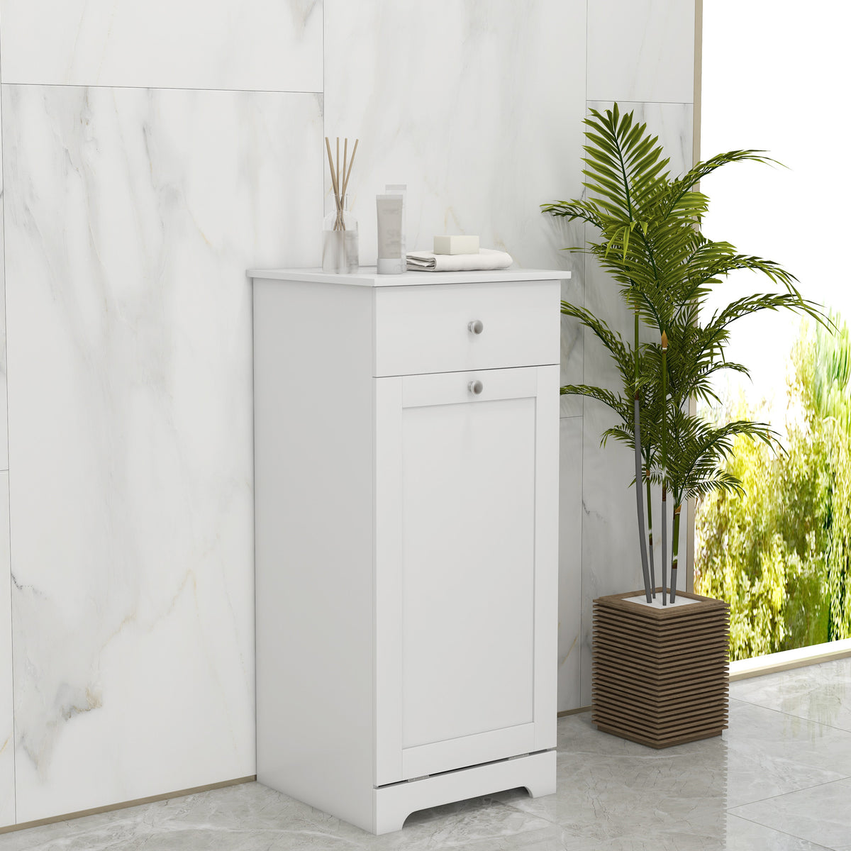Bathroom Cabinet with Folding Laundry Hamper and Drawer, White