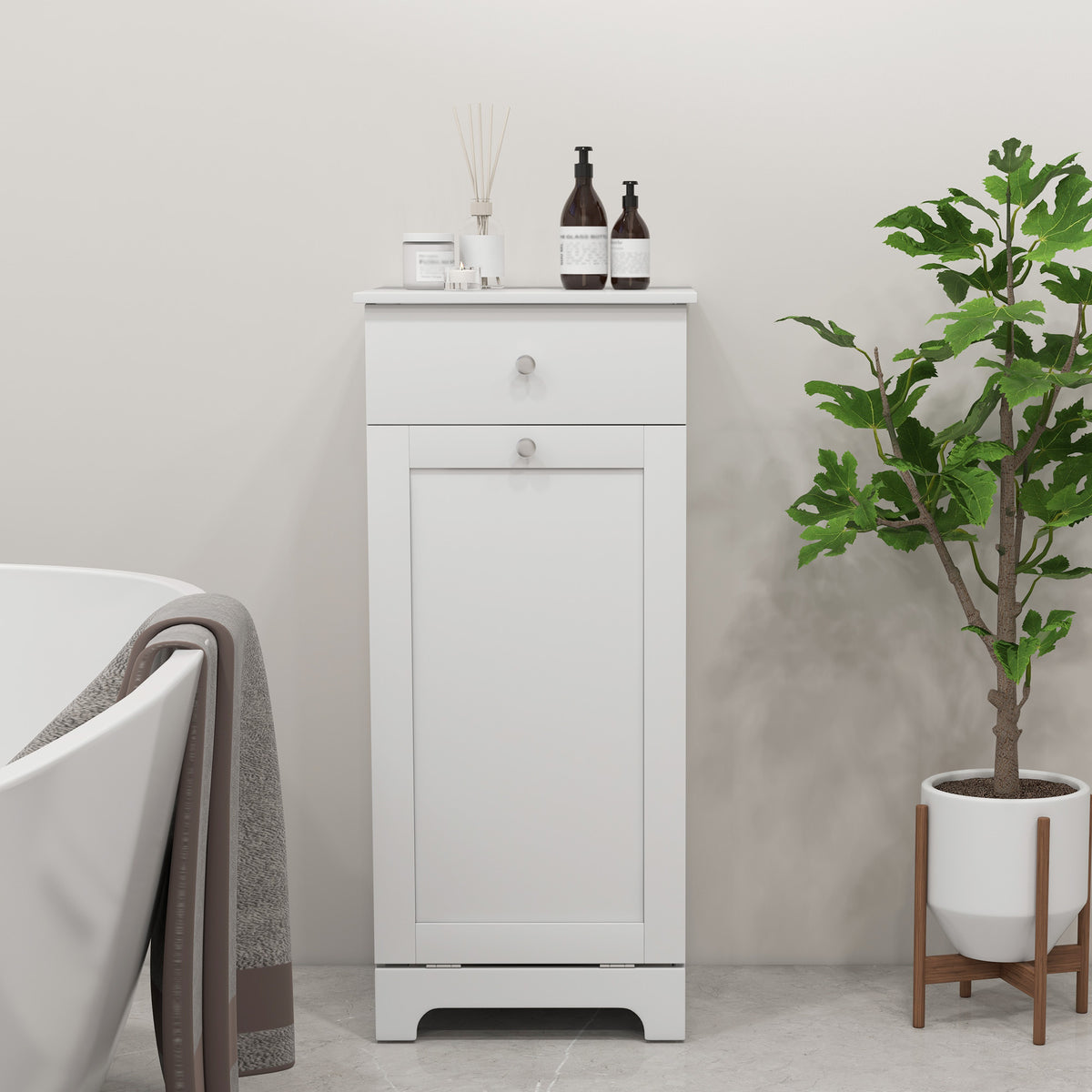 Bathroom Cabinet with Folding Laundry Hamper and Drawer, White