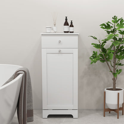 Bathroom Cabinet with Folding Laundry Hamper and Drawer, White