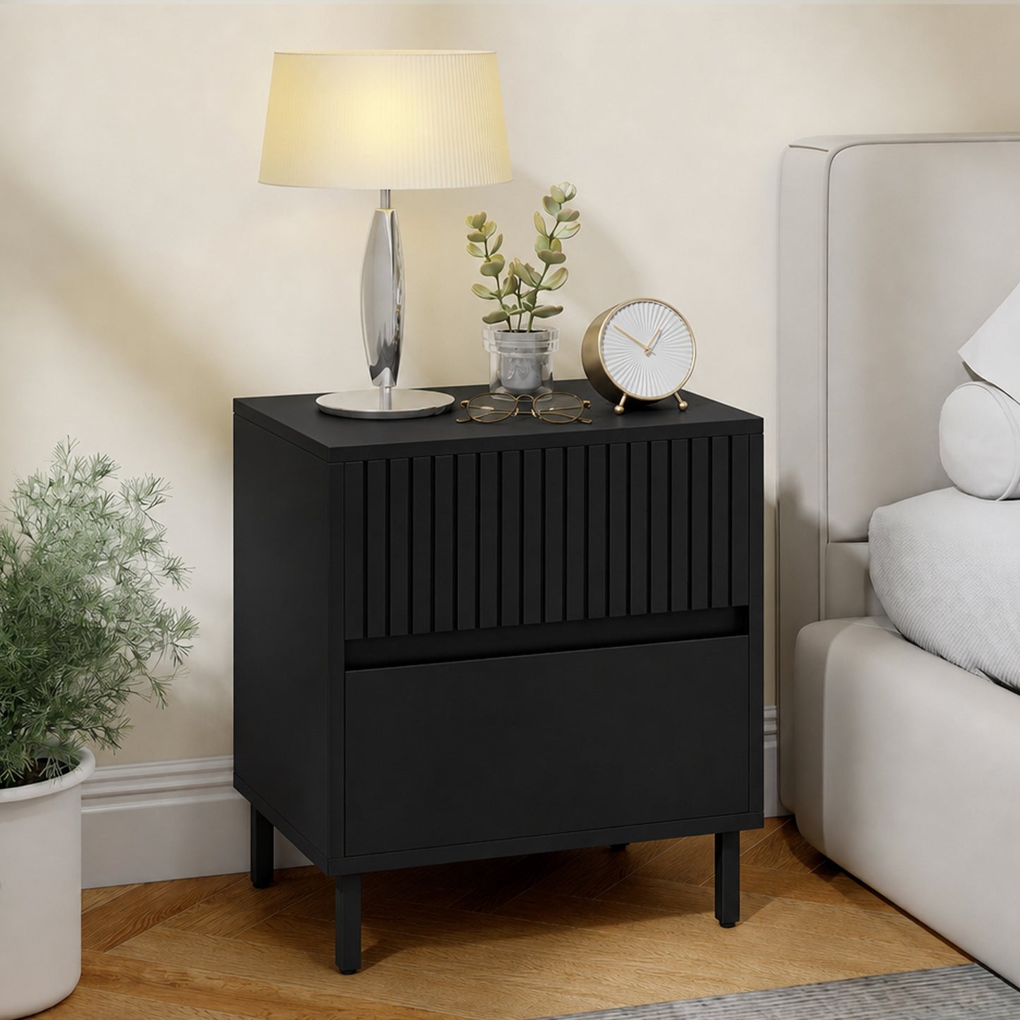Bedside Cabinet with 2 Drawers, Storage and Steel Legs, Black
