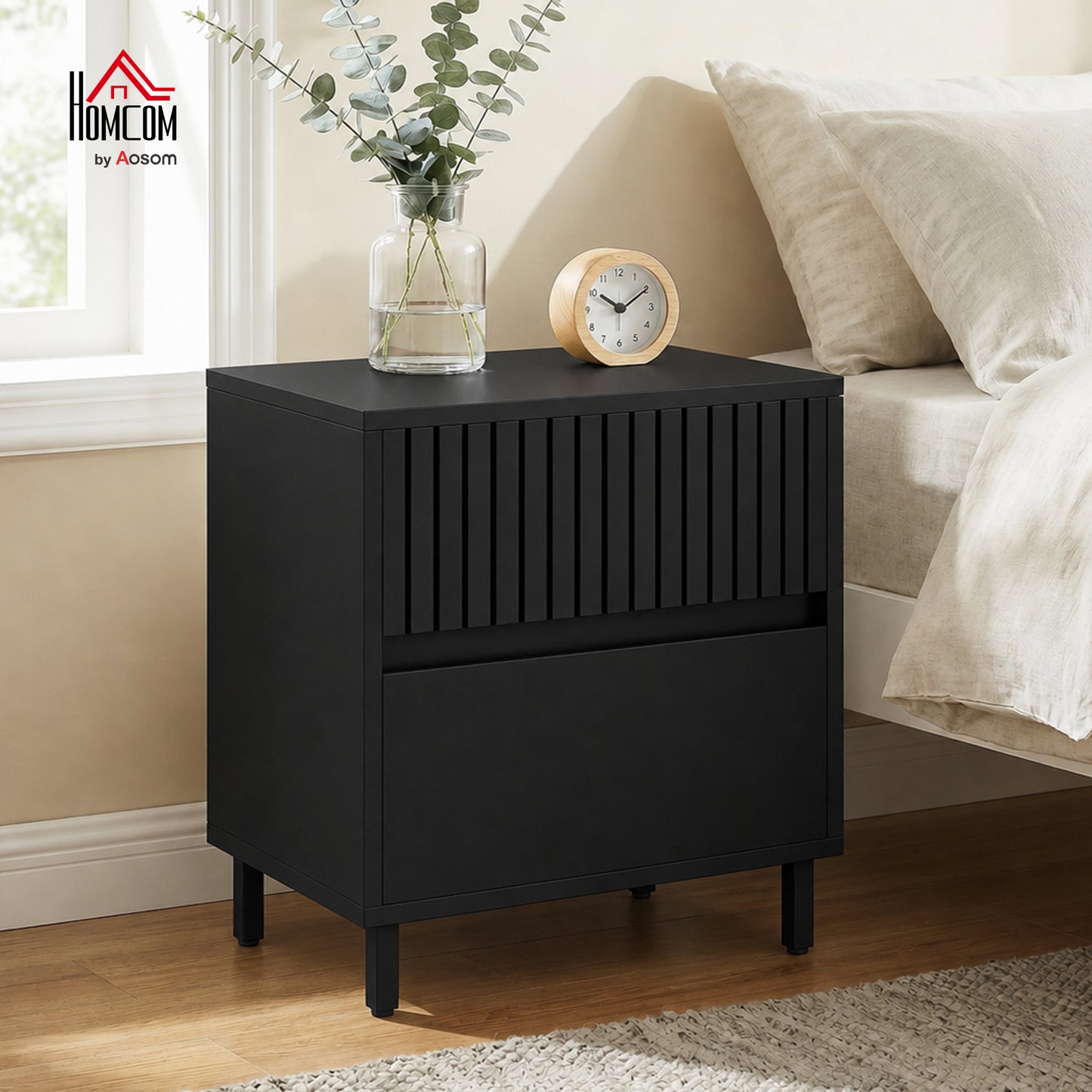 Bedside Cabinet with 2 Drawers, Storage and Steel Legs, Black