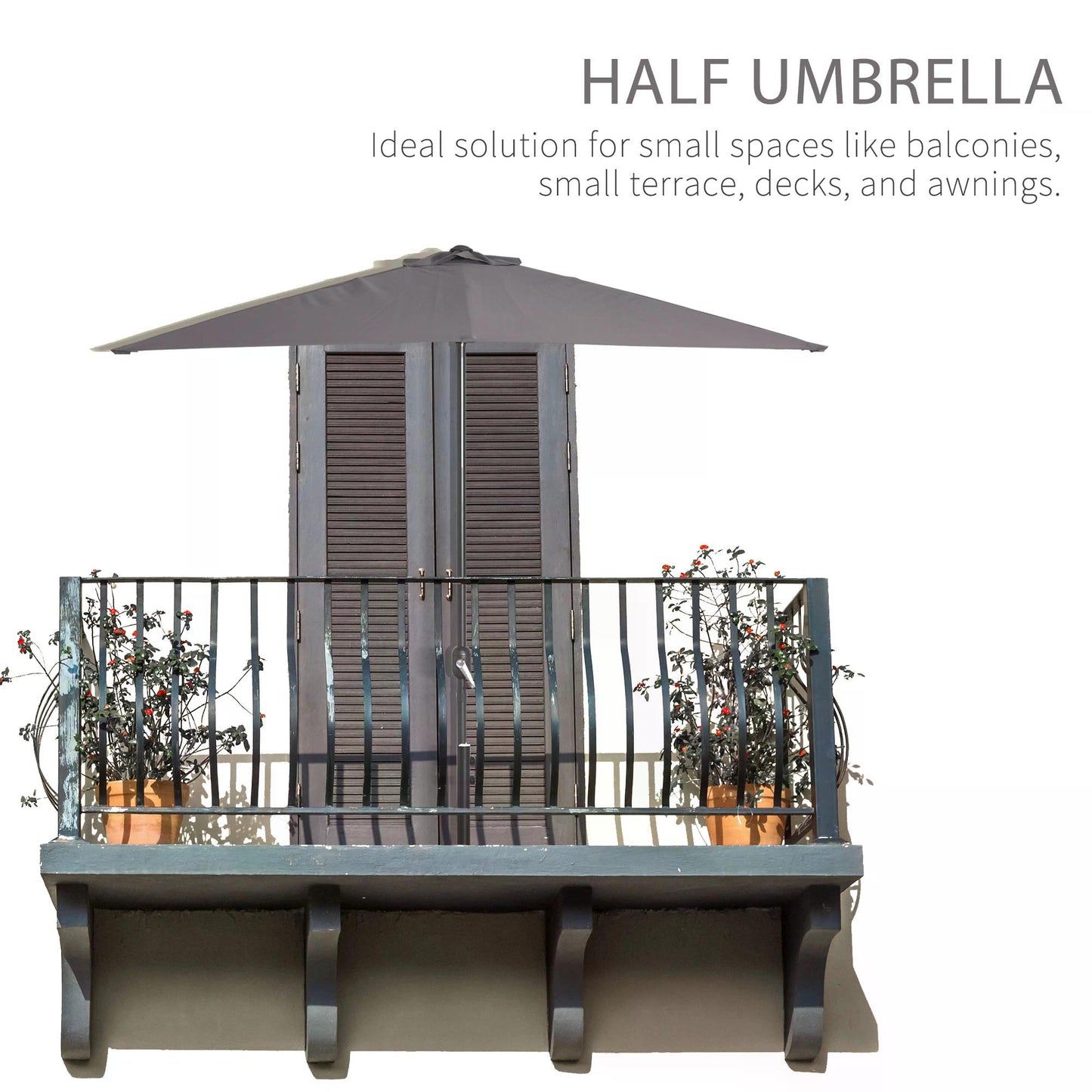 Balcony Half Parasol Semi Round Umbrella Patio Crank Handle (2.3m, Grey)- NO BASE INCLUDED