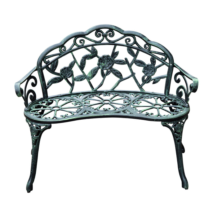 Cast Aluminium Outdoor Garden Patio Antique Rose Style Bench Porch Park Chair Seater - Green