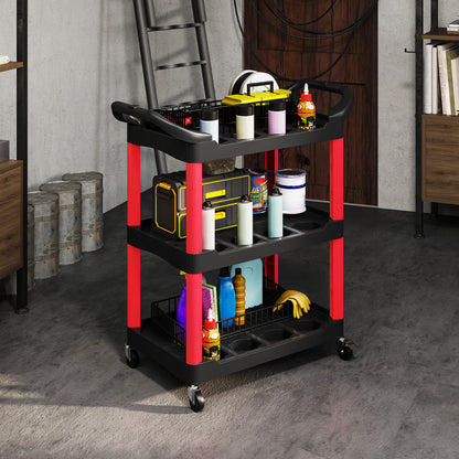 3-Tier Rolling Tool Cart, Tool Trolley on Wheels, Plastic Mobile Service Utility Cart with Handles for Garage, Mechanics and Warehouse, 91kg Capacity, Black and Red