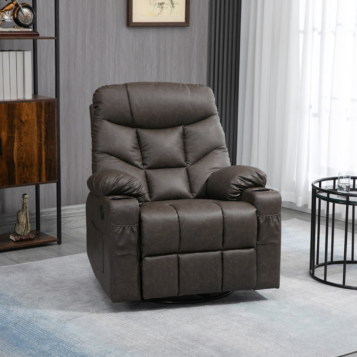 Manual Reclining Chair, Recliner Armchair with Faux Leather, Footrest, Cup Holders, 86x93x102cm, Brown