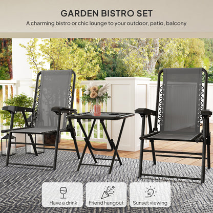 3 Pieces Folding Garden Bistro Set with Cup Holders, Dark Grey