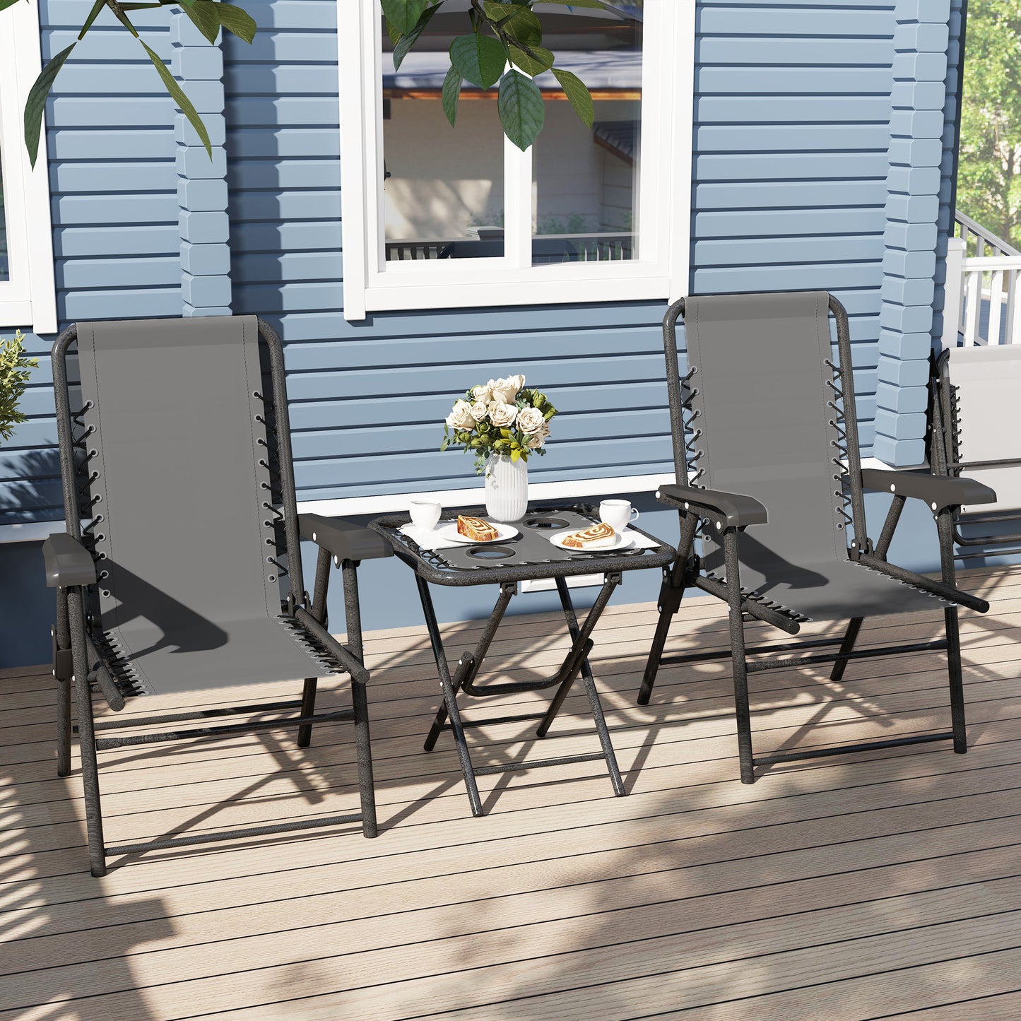 3 Pieces Folding Garden Bistro Set with Cup Holders, Dark Grey