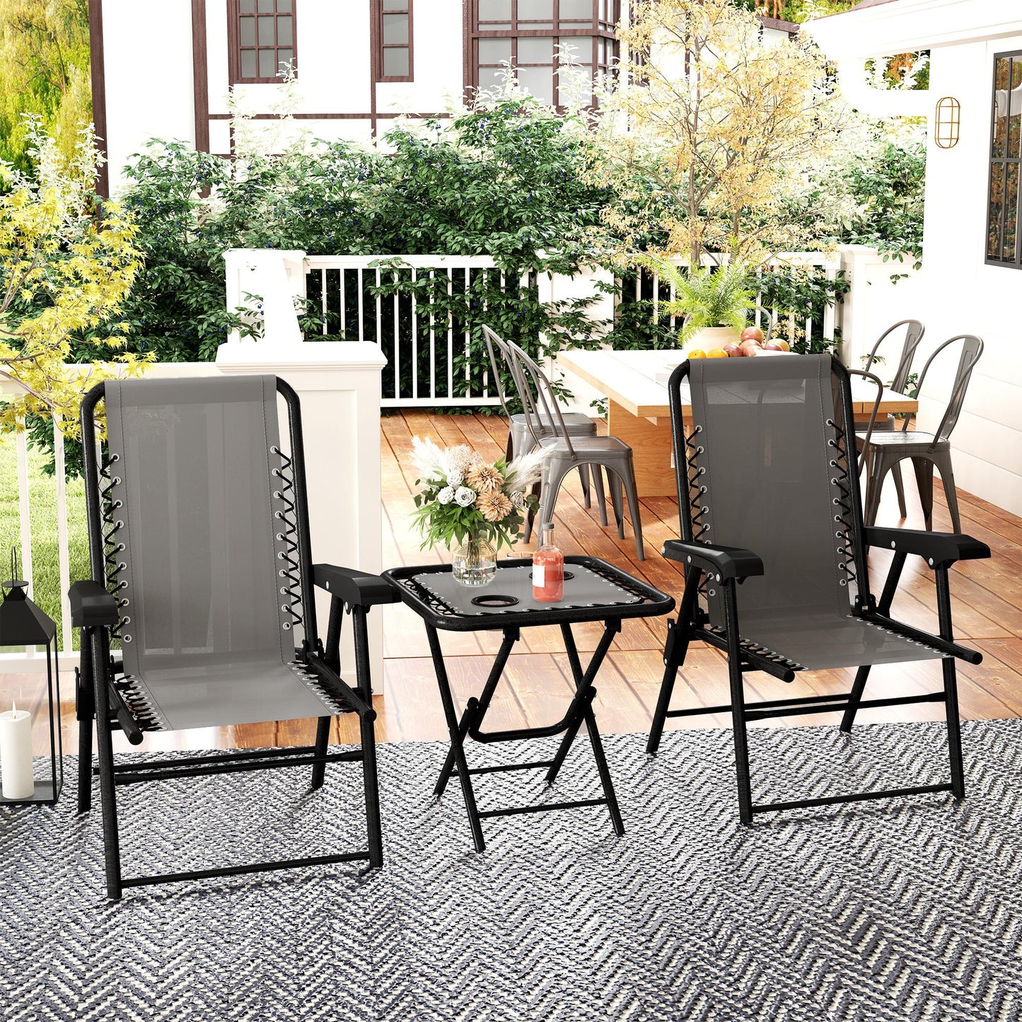 3 Pieces Folding Garden Bistro Set with Cup Holders, Dark Grey