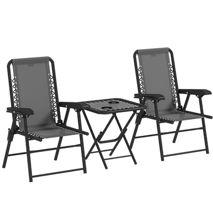 3 Pieces Folding Garden Bistro Set with Cup Holders, Dark Grey
