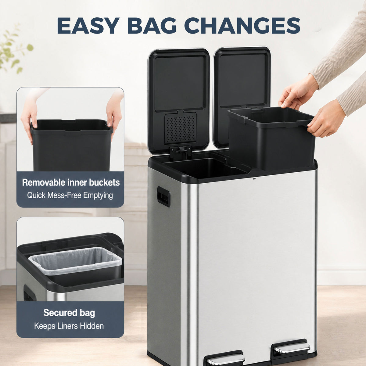 2x30L Kitchen Bin, Stainless Steel Recycling Bin, Silver Tone