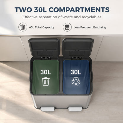 2x30L Kitchen Bin, Stainless Steel Recycling Bin, Silver Tone