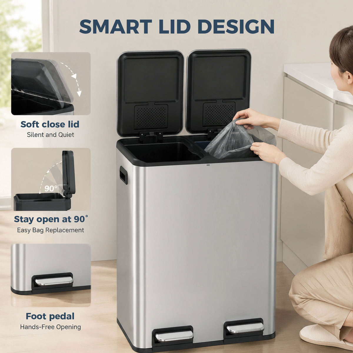 2x30L Kitchen Bin, Stainless Steel Recycling Bin, Silver Tone