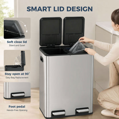 2x30L Kitchen Bin, Stainless Steel Recycling Bin, Silver Tone