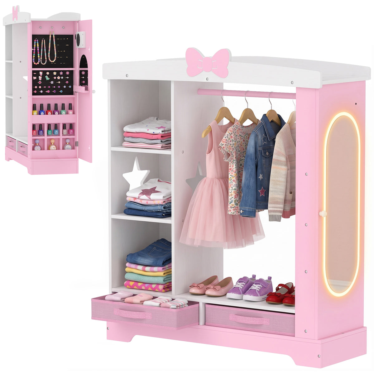 Kids Wardrobe, Children Dress Up Storage with Lighted Mirror, Pink
