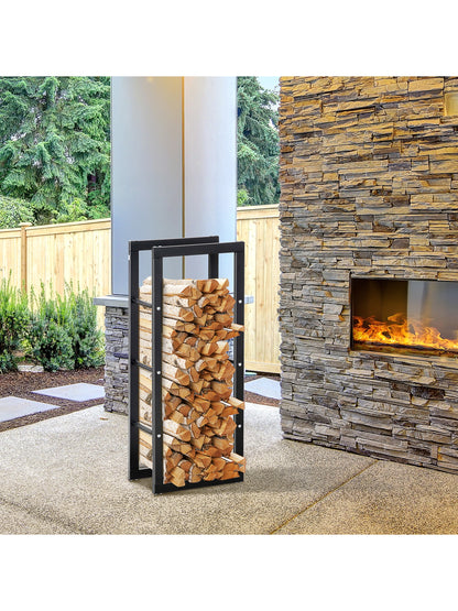 Metal Firewood Log Holder Tall Firewood Rack Indoor Outdoor Fireplace Wood Storage Shelf with Side Rails, Rust-Resistant, Black, 40W x 25D x 100H cm