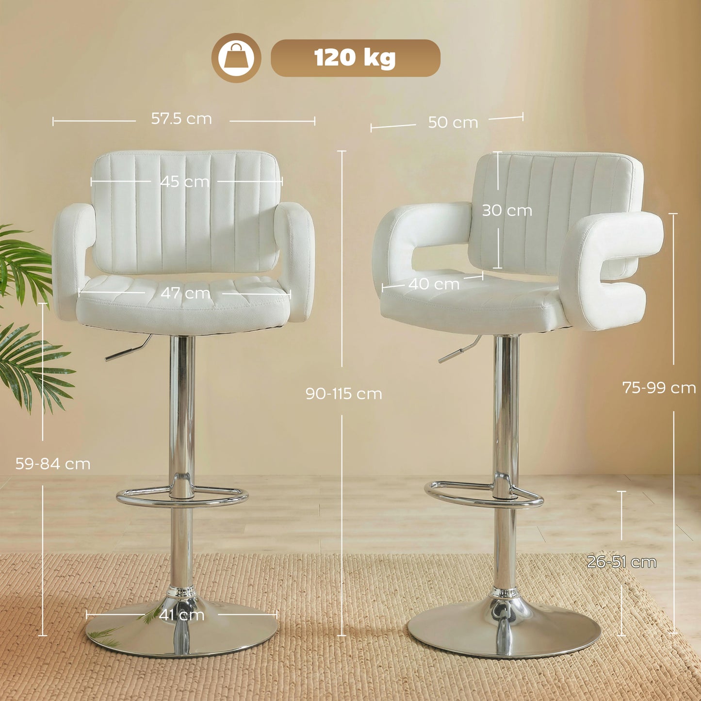 Bar Stools Adjustable Swivel with Armrest Set of 2 White