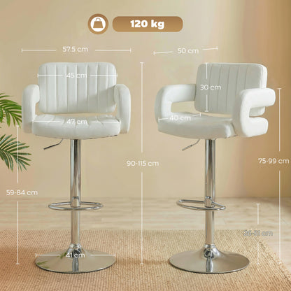 Bar Stools Adjustable Swivel with Armrest Set of 2 White