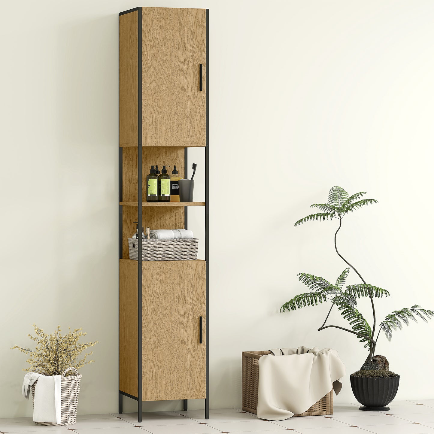Slim Bathroom Storage Cabinet with 2 Doors Open Compartments Natural