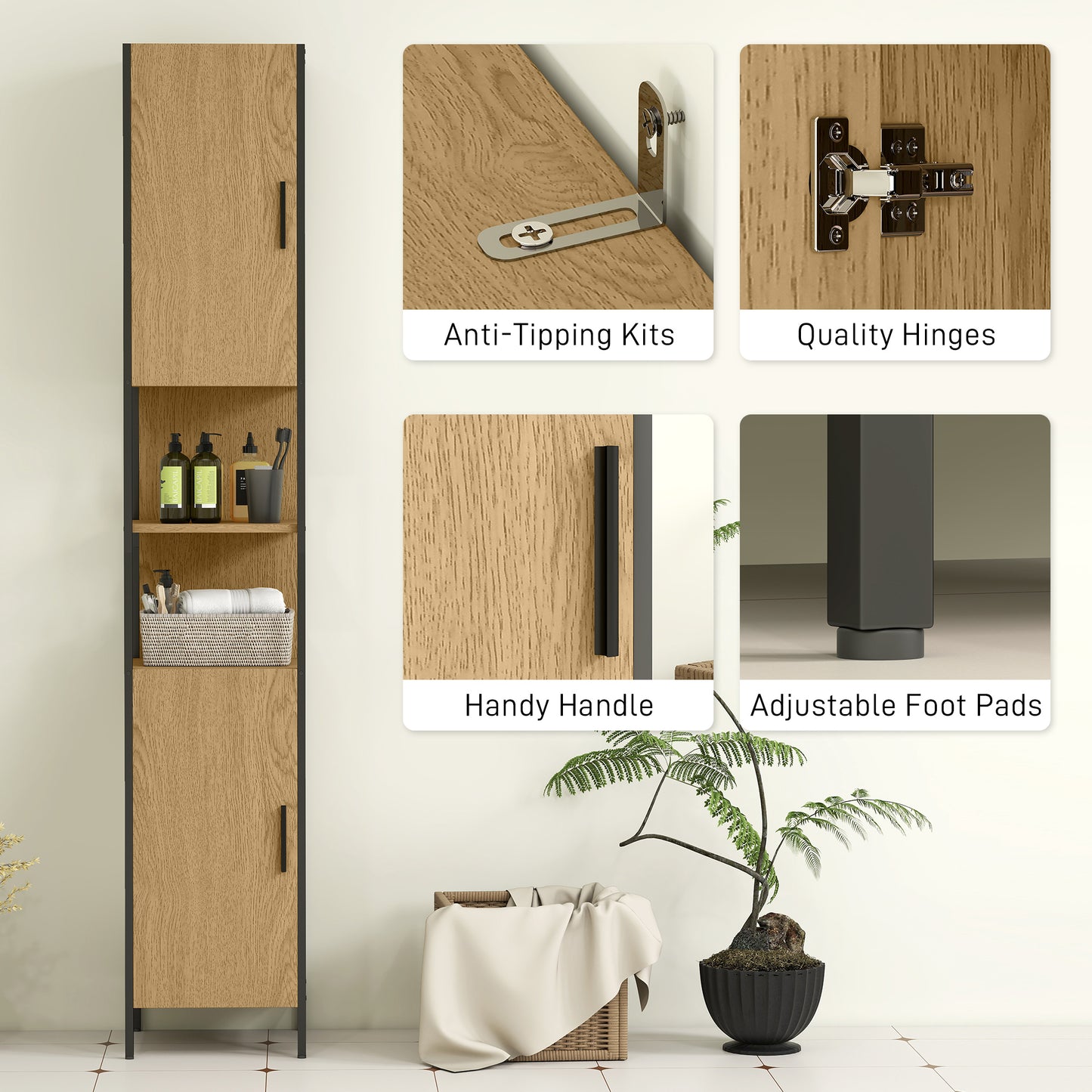 Slim Bathroom Storage Cabinet with 2 Doors Open Compartments Natural