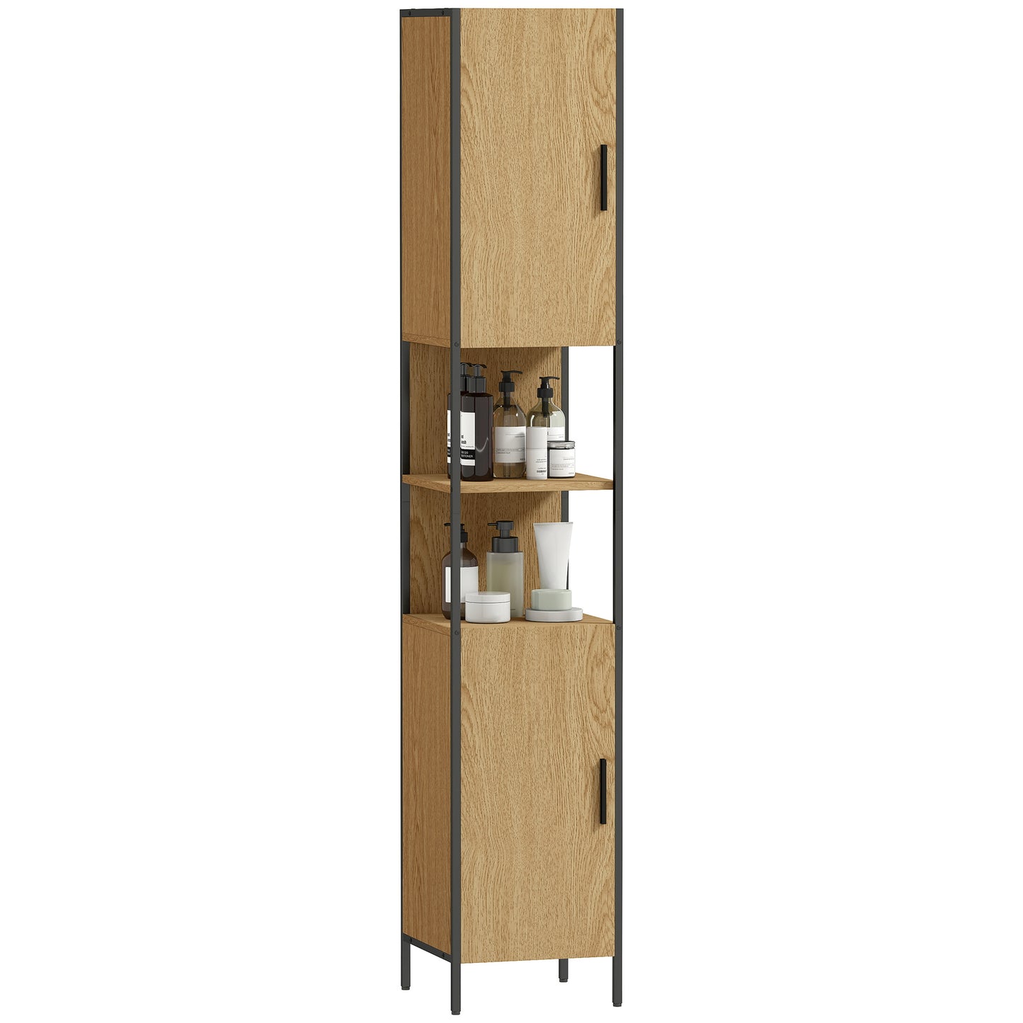 Slim Bathroom Storage Cabinet with 2 Doors Open Compartments Natural