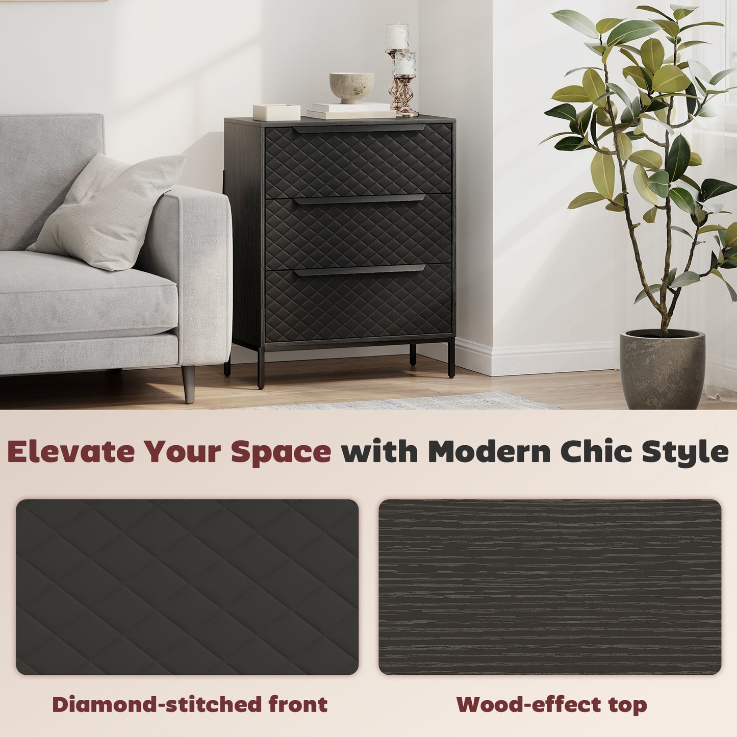 Chest of Drawers, 3 Fabric Drawer Dresser, Aluminium Handles, Black