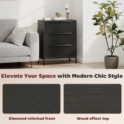 Chest of Drawers, 3 Fabric Drawer Dresser, Aluminium Handles, Black