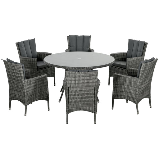 7 Pieces PE Rattan Dining Set w/ Cushions, Garden Furniture Set w/ Six Armchairs, Patio Conservatory w/ Tempered Glass Tabletop