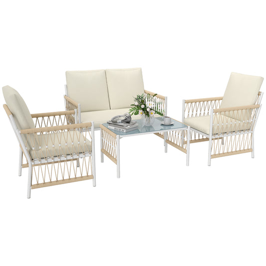 4 Seater Rattan Garden Sofa Set with Glass Top Coffee Table Khaki