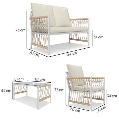 4 Seater Rattan Garden Sofa Set with Glass Top Coffee Table Khaki