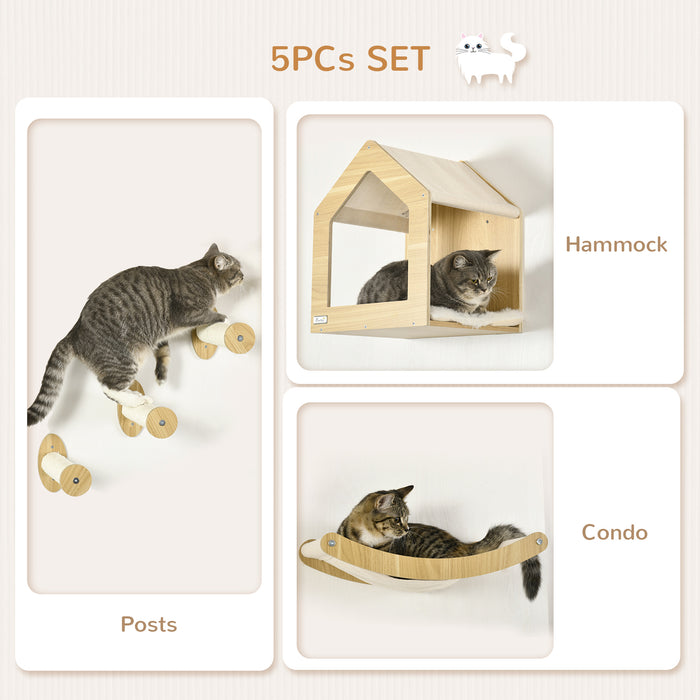 5PCs Wall Mounted Cats Shelves, Cat Climbing Shelf Set, Kitten Activity Center with Condo Hammock Scratching Post, Oak