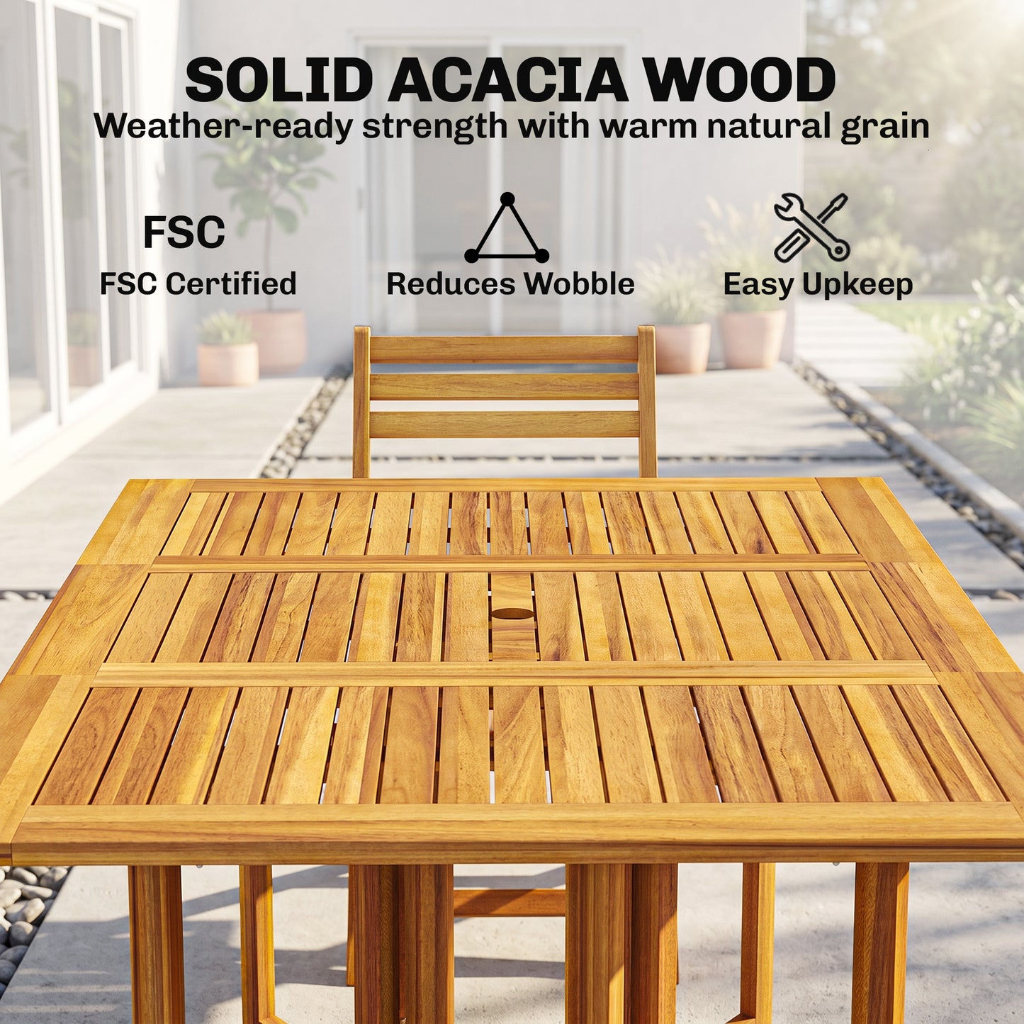 7 Pieces Garden Dining Set, Extending Dining Table and 6 Folding Chairs with Umbrella Hole, Garden Furniture Set with FSC-Certified Acacia Wood for Patio, Natural Wood