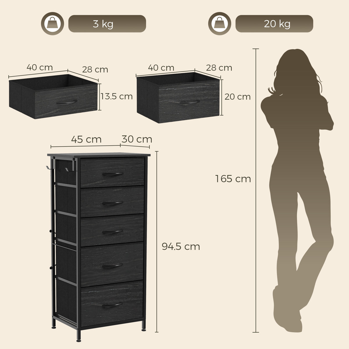 Fabric Chest of Drawers, 5 Drawer Dresser for Bedroom, Black