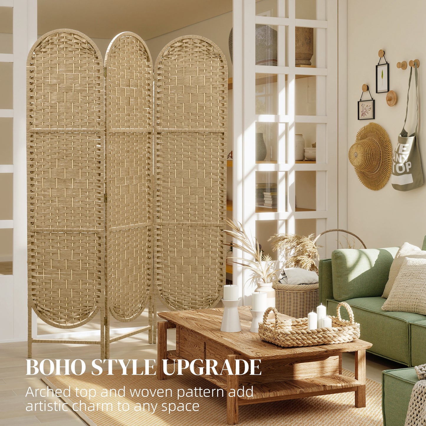 3-Panel Folding Freestanding Privacy Screen, Natural Wood Finish