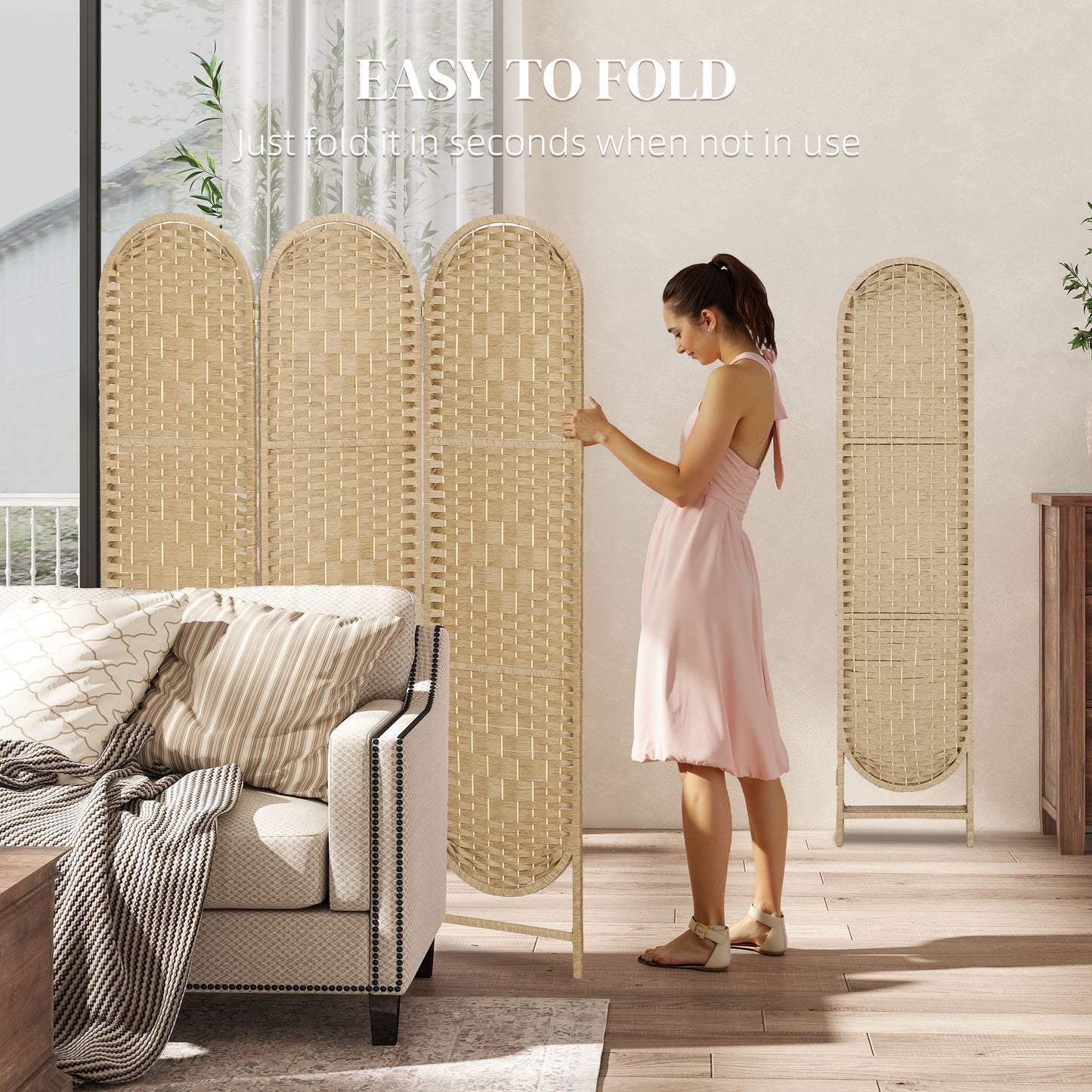 3-Panel Folding Freestanding Privacy Screen, Natural Wood Finish
