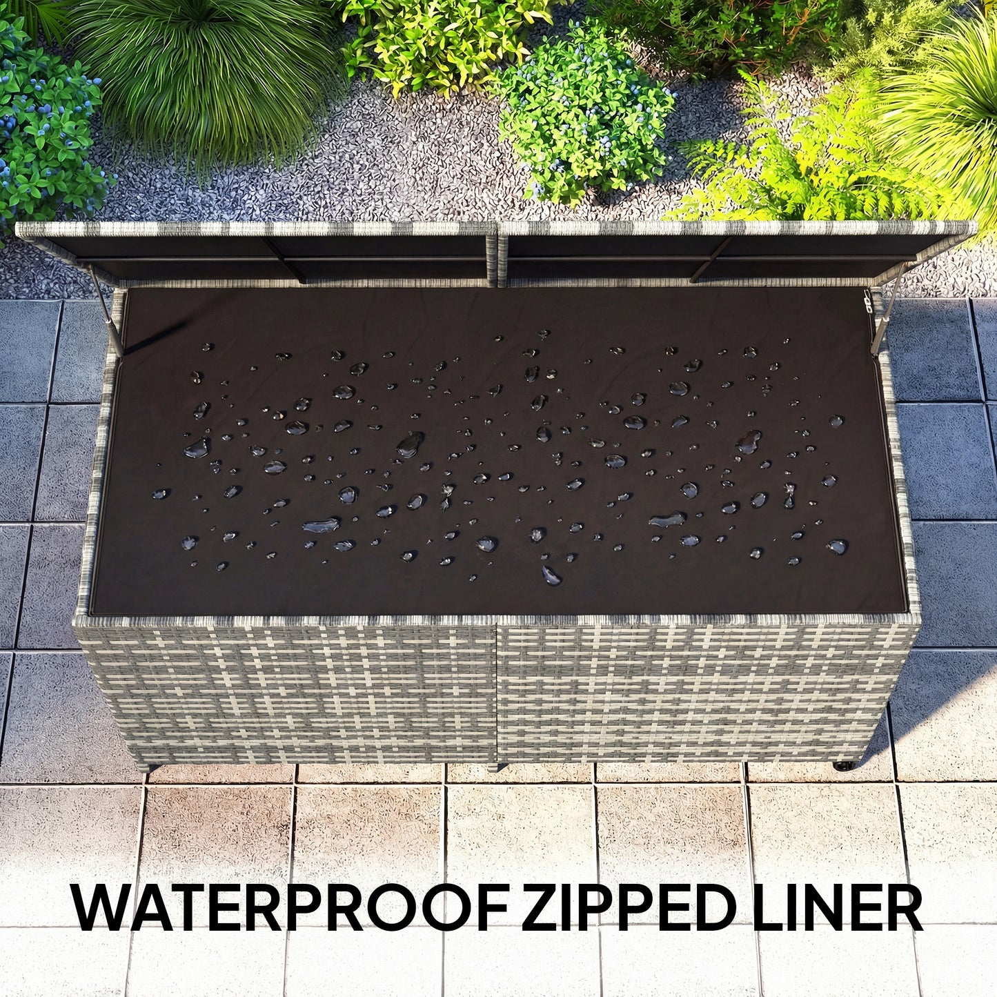650L Garden Storage Box with Wheels, Waterproof Liner, Mixed Grey
