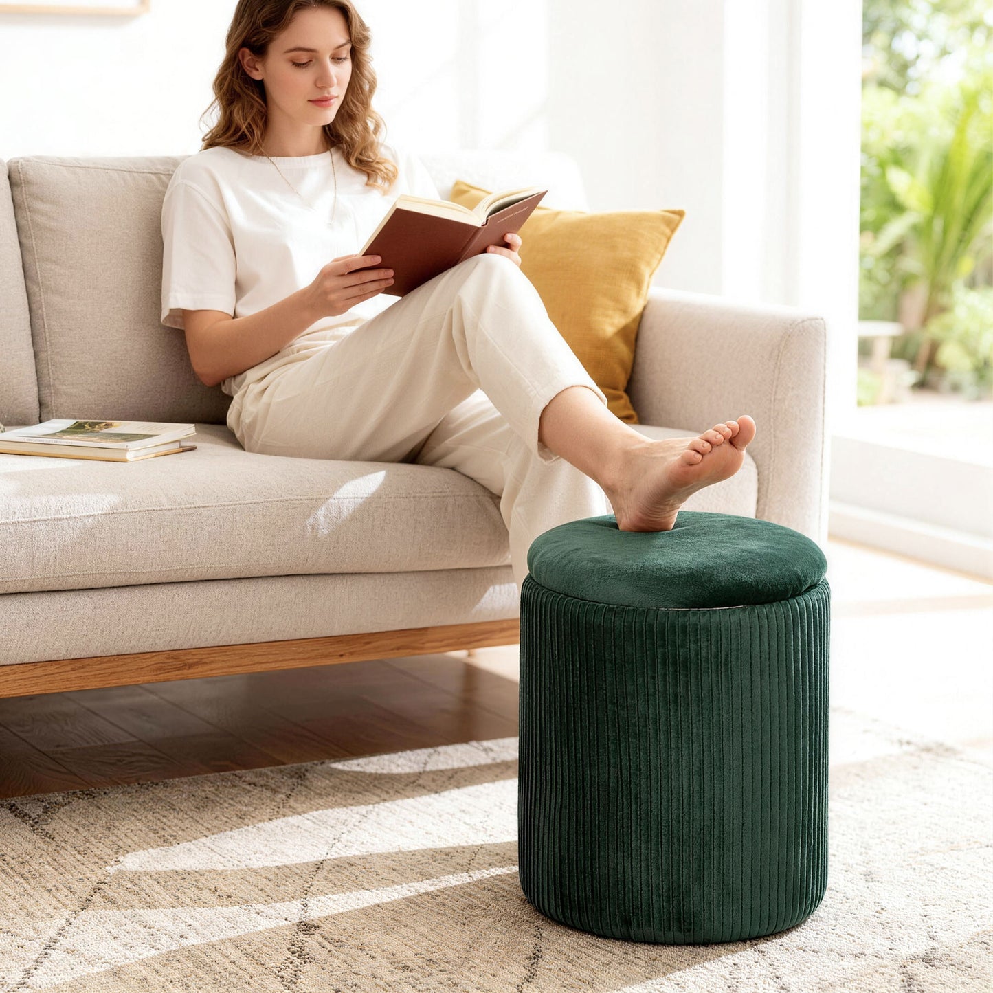 Round Storage Ottoman with Removable Top, Dark Green