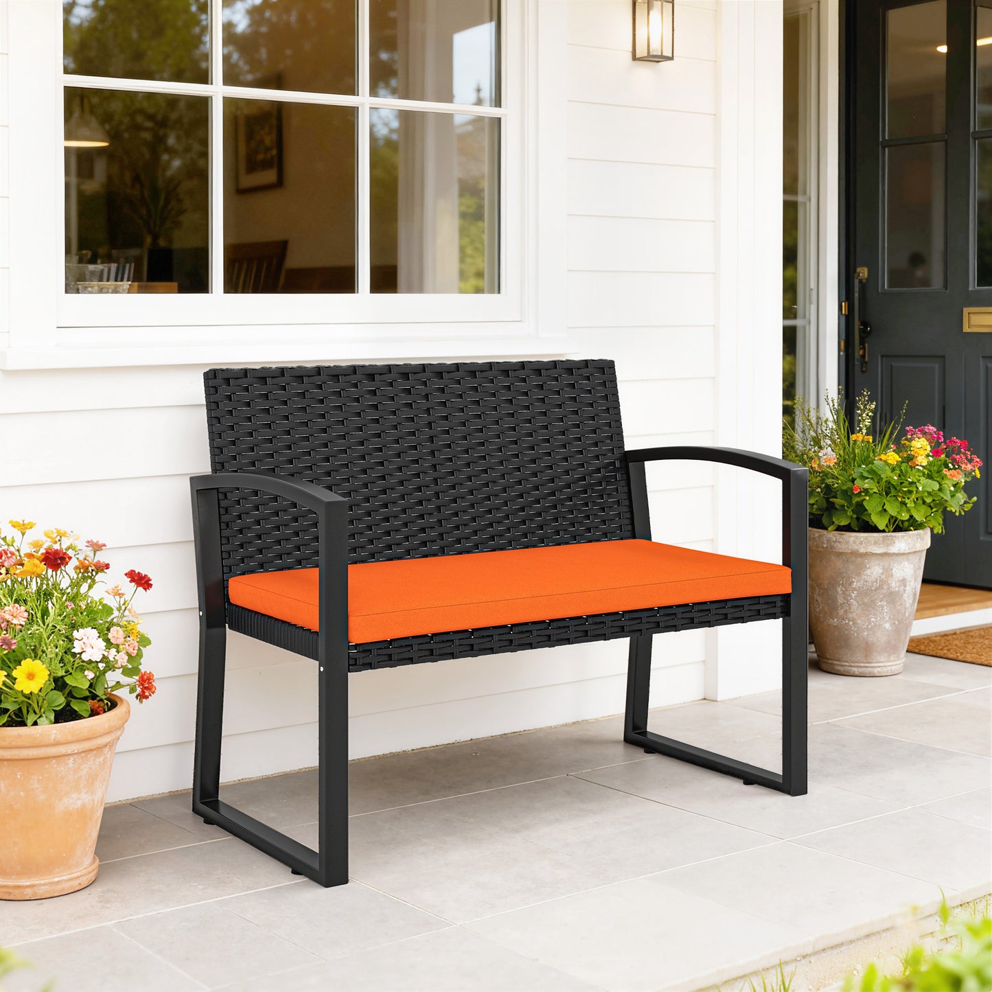 2 Seater Rattan Garden Bench with Cushion, Steel Frame, Orange