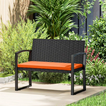 2 Seater Rattan Garden Bench with Cushion, Steel Frame, Orange