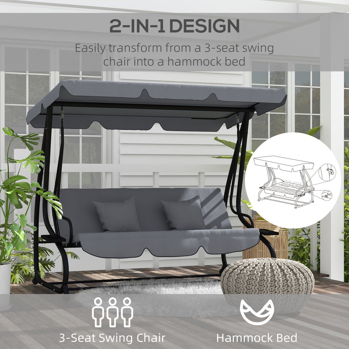 2-in-1 Garden Swing Chair for 3 Person w/ Adjustable Canopy Grey