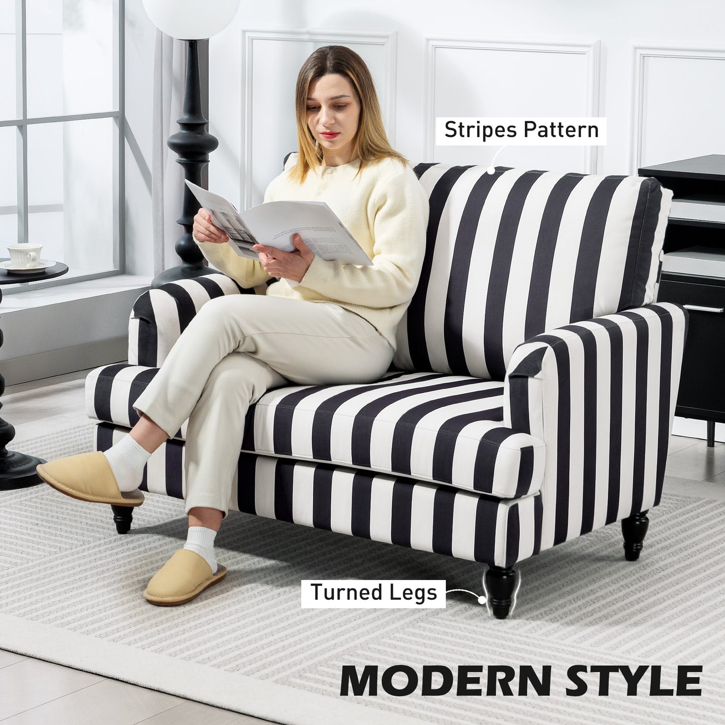 Cuddle Chair with Stripe, Armchair for Living Room, Black and White