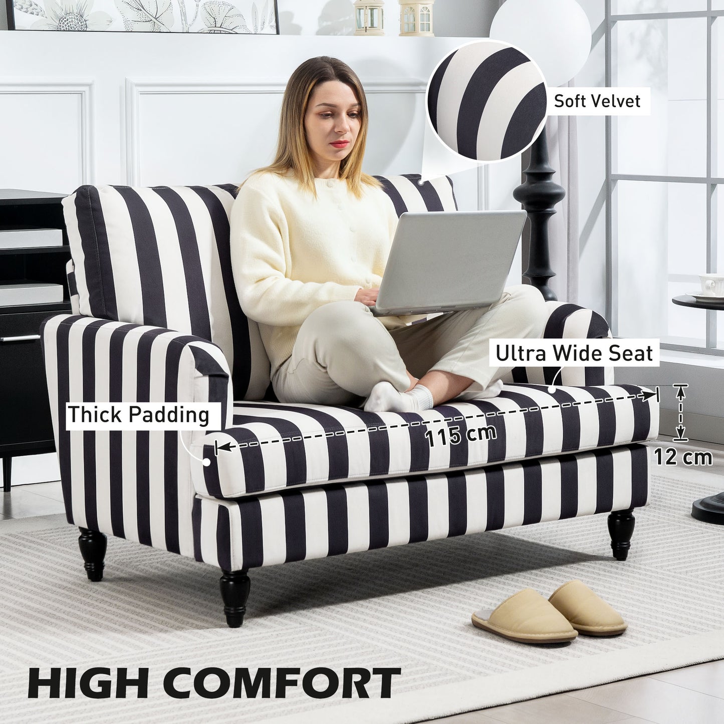 Cuddle Chair with Stripe, Armchair for Living Room, Black and White
