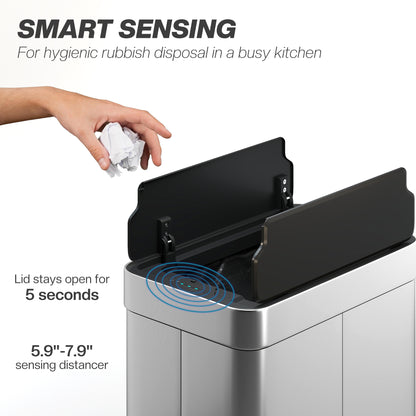 55L Sensor Bin, Large Automatic Touchless Rubbish Bin with Soft-Close Lid, Fingerprint-Proof Stainless Steel, Rectangular Trash Can for Kitchen, Gym, Home Office, Silver Tone