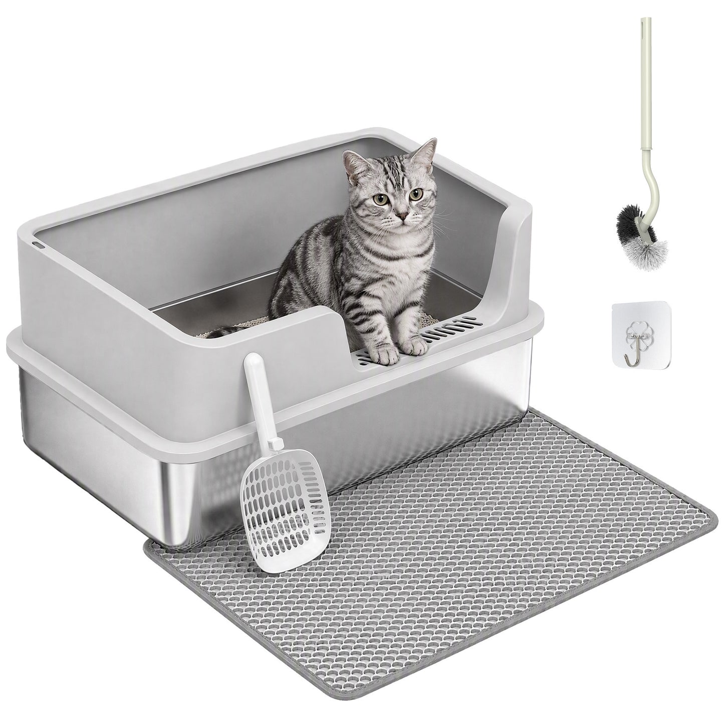 XL Stainless Steel Cat Litter Tray w/ Lid, High Sided Cat Litter Box