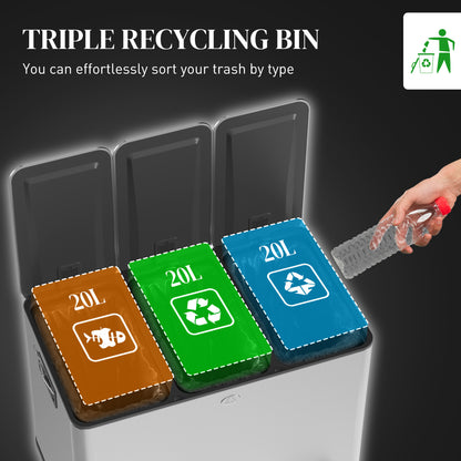 3 x 20L Triple Kitchen Bin Pedal Bin for Recycling and Waste