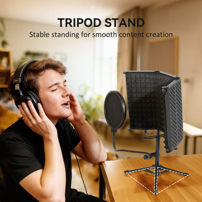 Studio Microphone Isolation Shield with Pop Filter & Stand, Black