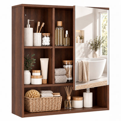 Wall-Mounted Bathroom Mirror Cabinet with Adjustable Shelves - Walnut Brown