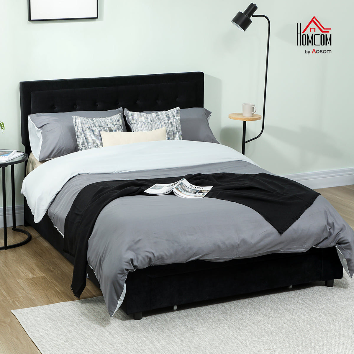 King Size Bed Frame with Storage and Adjustable Headboard, Black