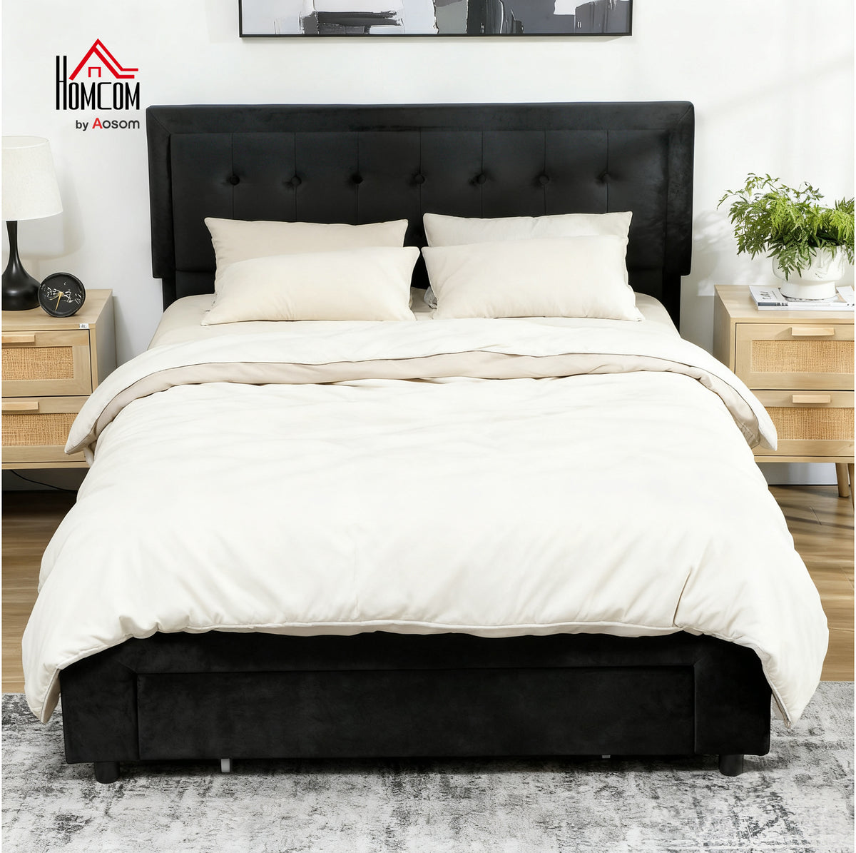 King Size Bed Frame with Storage and Adjustable Headboard, Black