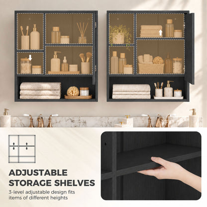 Wall-Mounted Bathroom Mirror Cabinet with Adjustable Shelves - Black Wood Effect
