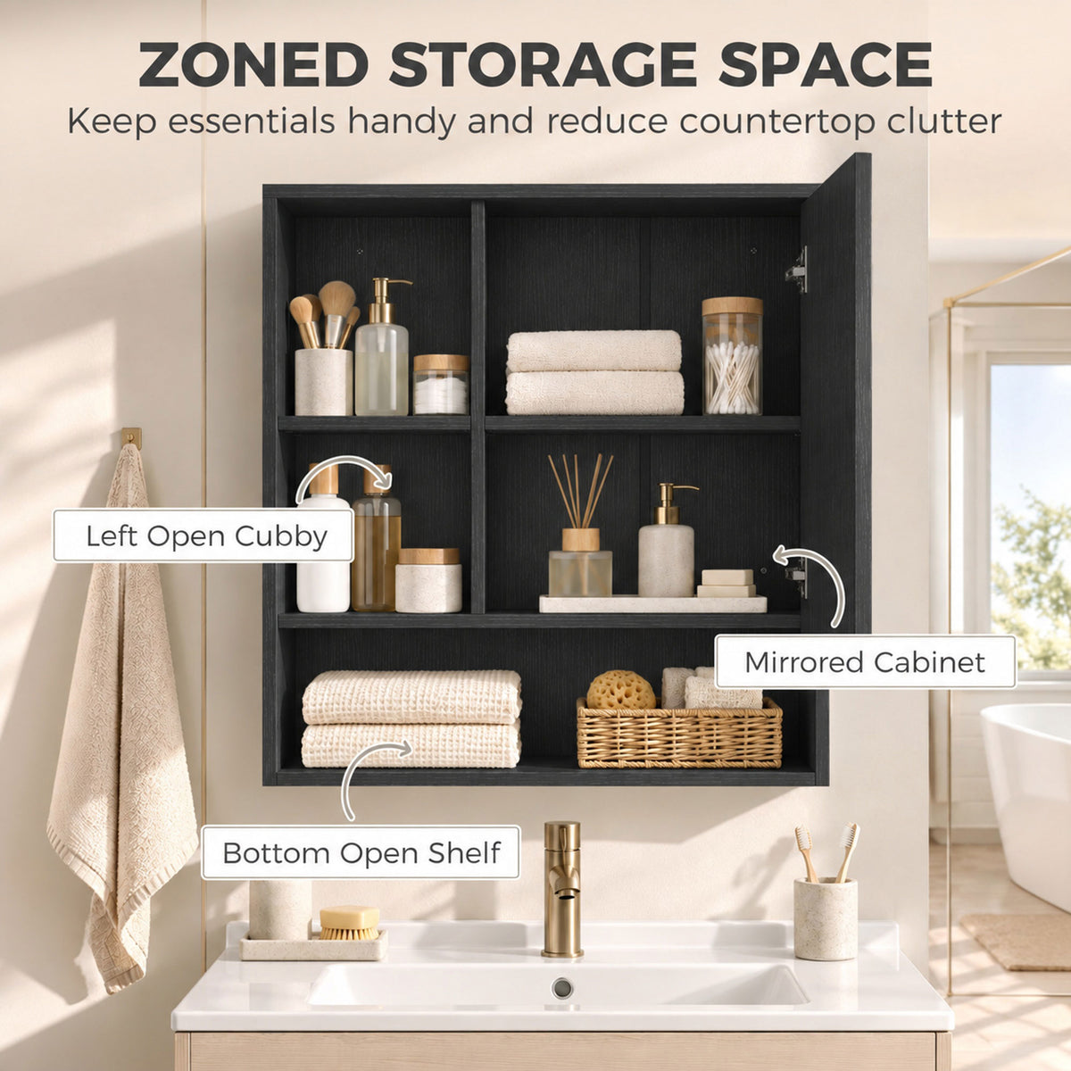Wall-Mounted Bathroom Mirror Cabinet with Adjustable Shelves - Black Wood Effect